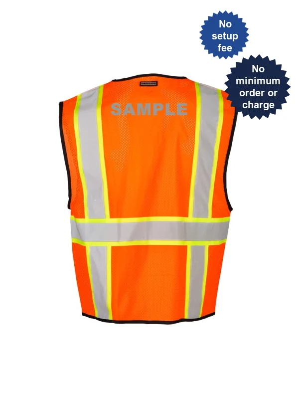 L-XL, Orange, Four (4) Pocket, Contrasting Mesh Class 2 Vest w/ Reflective Custom Lettering
