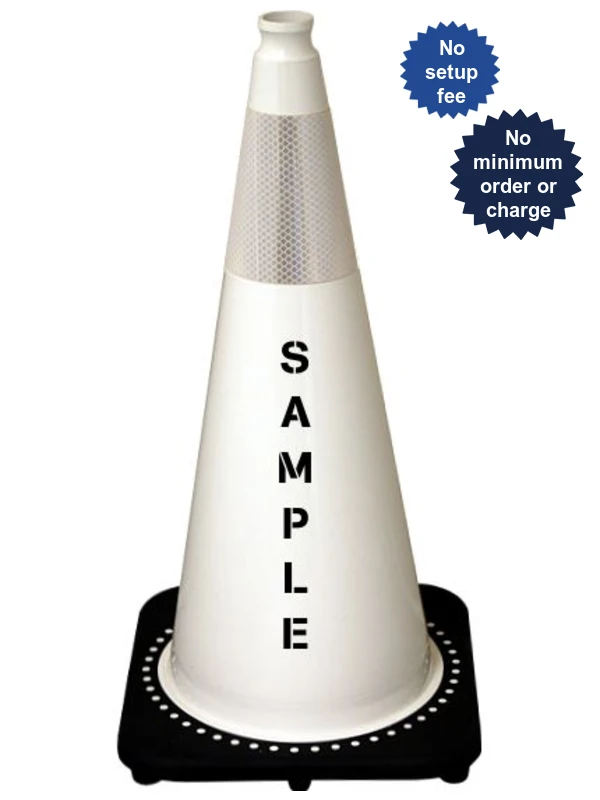 White 28\" 7 lbs JBC Black Base Traffic Cone w/ Single 6\" Reflective Collar \u0026 Custom Lettering