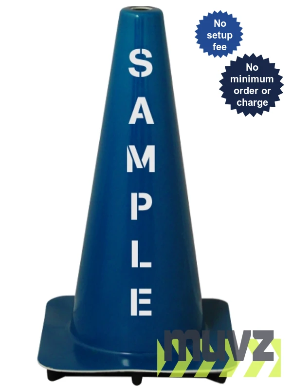Blue 18\" Flow Molded Traffic Cone with Double Sided (2X) Custom Stencil