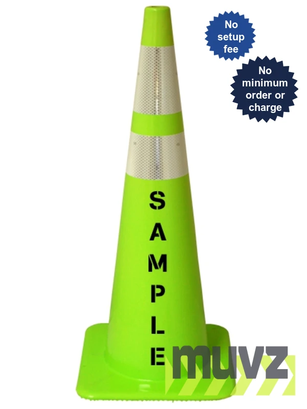 Lime, 36\" Flow Molded Traffic Cone w/6\" \u0026 4\" Reflective Collar and Custom Stencil