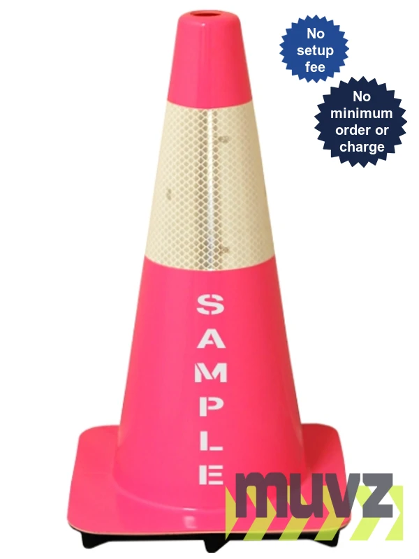 Pink 18\" Flow Molded Traffic Cone w/6\" Reflective Collar \u0026Double Sided (2X) Custom Stencil