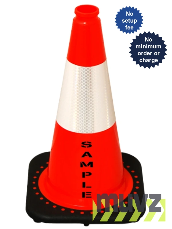 Orange 18\" Cone with Black Base, 6\" Reflective Collar and Double Sided (2X) Custom Stencil