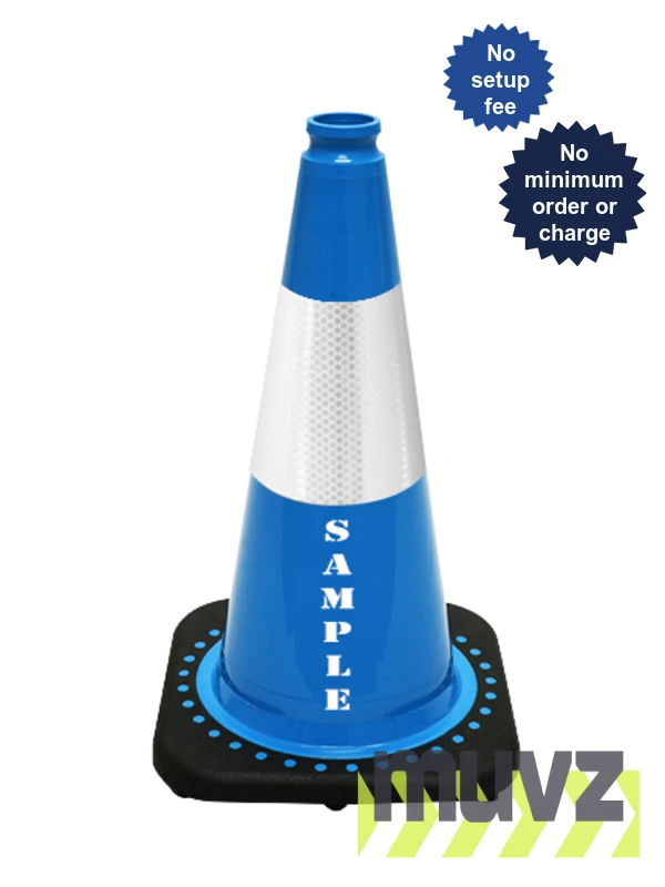 Light Blue 18\" Black Base Cone with 6\" Reflective Collar \u0026 Double Sided (2X) Custom Stencil