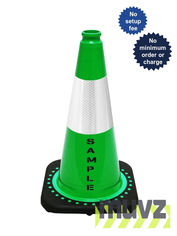 Green 18\" Black Base Cone with 6\" Reflective Collar \u0026 Double Sided (2X) Custom Stencil