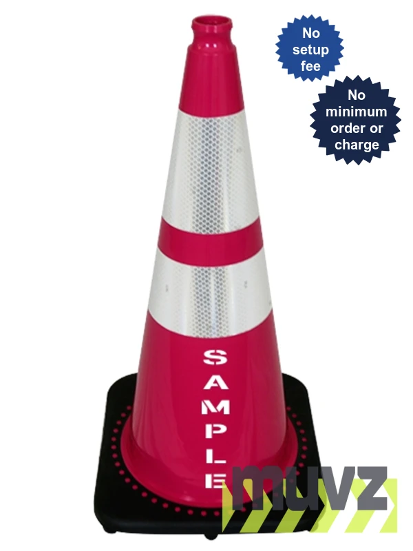 Pink 28\" 7.0 Lb. Black Base Cone, 6\" \u0026 4\" Reflective Collars and Double Sided (2X) Custom Stencil