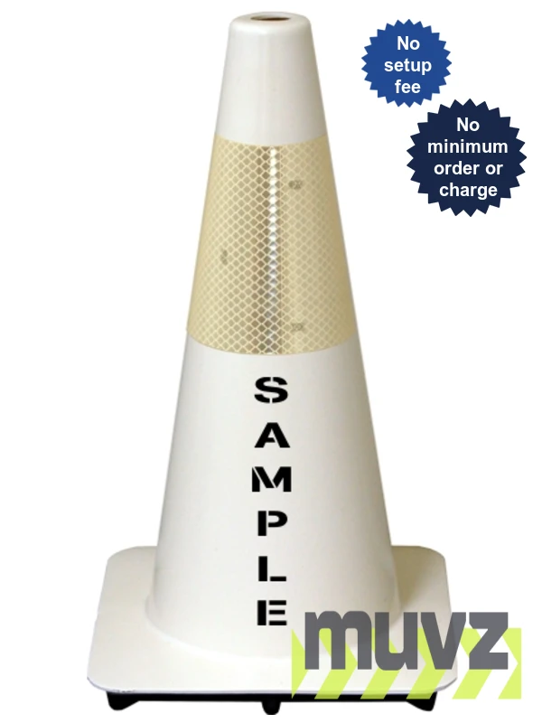 White 18\" Flow Molded Traffic Cone w/6\" Reflective Collar \u0026Double Sided (2X) Custom Stencil