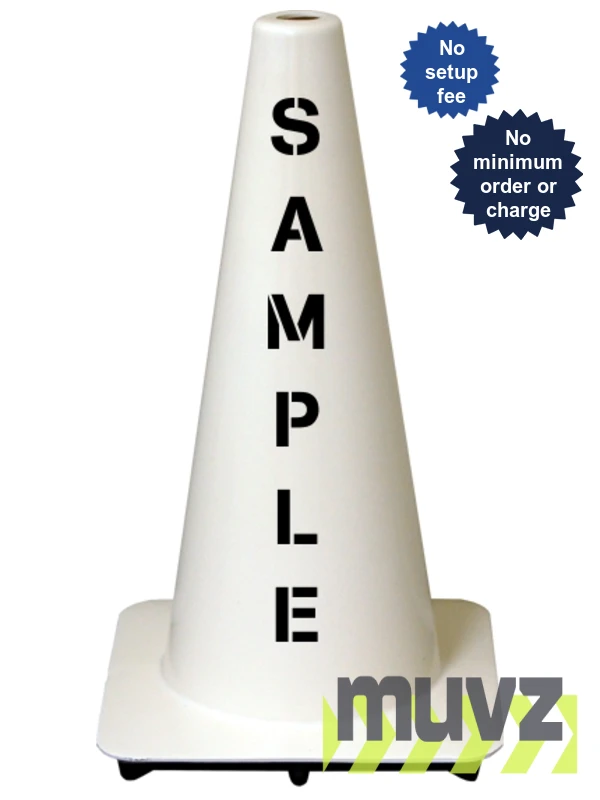 White 18\" Flow Molded Traffic Cone with Double Sided (2X) Custom Stencil