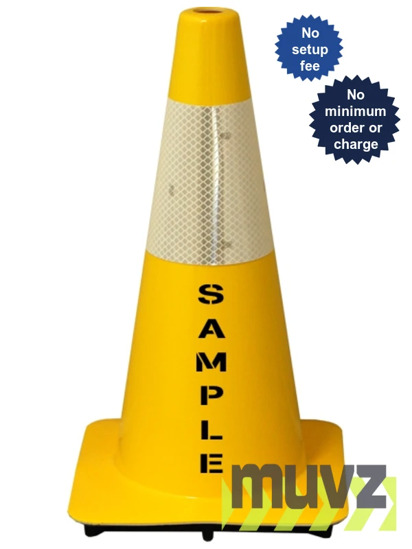 Yellow 18\" Flow Molded Traffic Cone w/6\" Reflective Collar \u0026Double Sided (2X) Custom Stencil