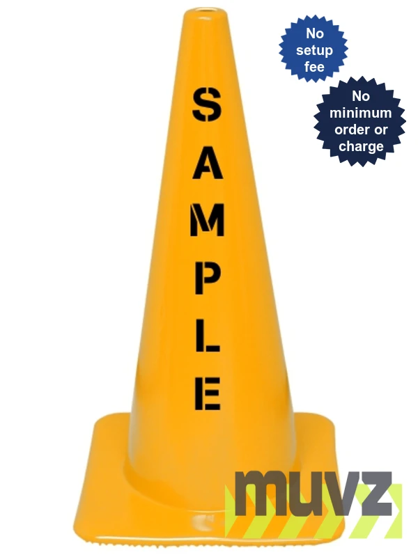 Yellow 28\" Flow Molded Traffic Cone with Double Sided (2X) Custom Stencil