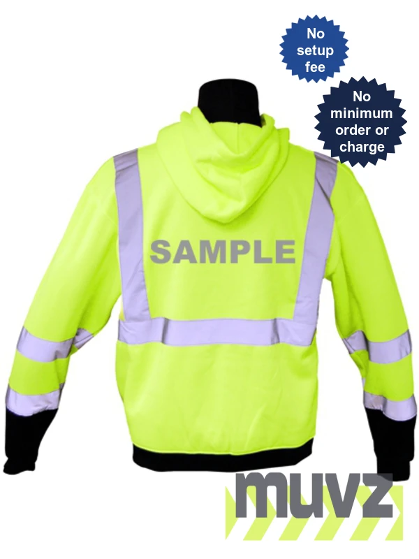 Class 3, Lime, Hooded Full Zipper Sweatshirt, 2XL w/Reflective Custom Lettering