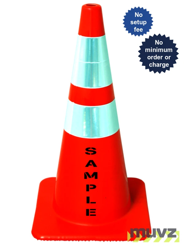 Orange 28\" Flow Molded Traffic Cone w/6\" \u0026 4\" Reflective Collars \u0026 Double Sided (2X) Custom Stencil