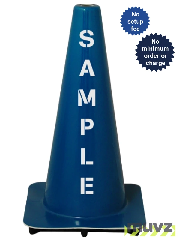 Blue 18\" Flow Molded Traffic Cone with Double Sided (2X) Custom Stencil
