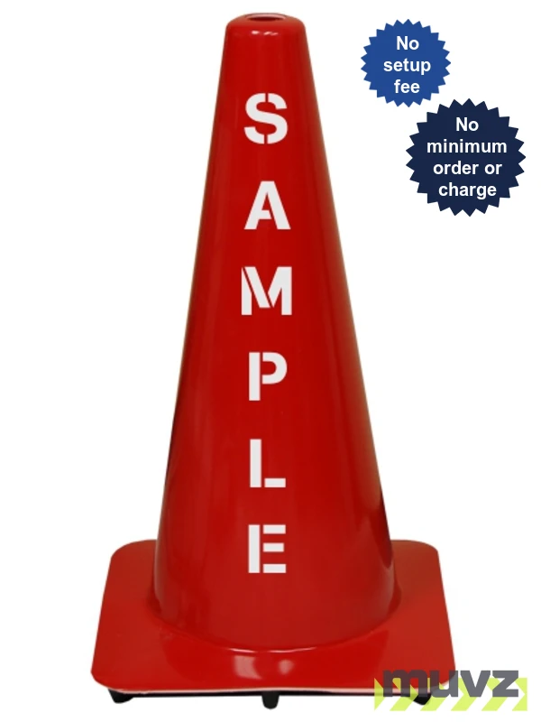 Red 18\" Flow Molded Traffic Cone with Double Sided (2X) Custom Stencil