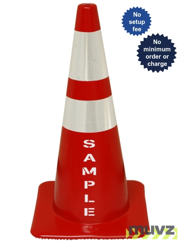 Red 28\" Flow Molded Traffic Cone w/6\" \u0026 4\" Reflective Collars \u0026Double Sided (2X) Custom Stencil