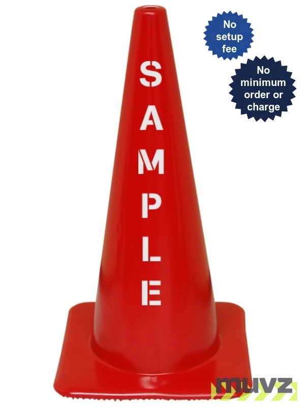 Red 28\" Flow Molded Traffic Cone with Double Sided (2X) Custom Stencil