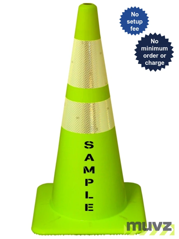 Lime 28\" Flow Molded Traffic Cone w/6\" \u0026 4\" Reflective Collars \u0026Double Sided (2X) Custom Stencil