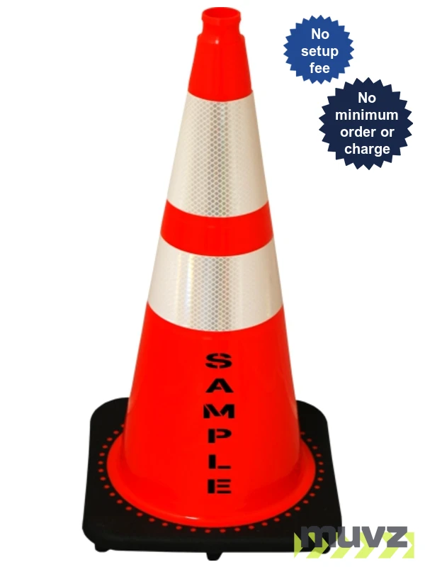 Orange 28\" 7.0 Lb. Black Base Cone, 6\" \u0026 4\" Reflective Collars and Double Sided (2X) Custom Stencil