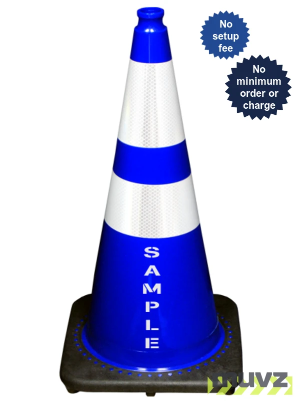 Blue 28\" 7.0 Lb. Black Base Cone, 6\" \u0026 4\" Reflective Collars and Custom Stencil