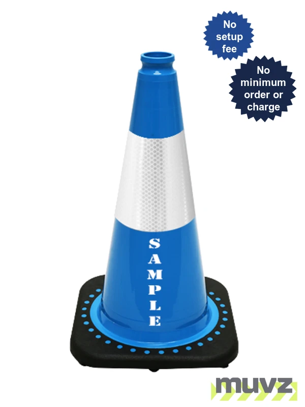 Light Blue 18\" Cone with Black Base, 6\" Reflective Collar and Custom Stencil