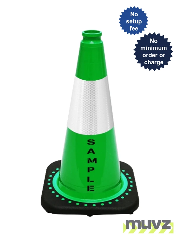 Green 18\" Black Base Cone with 6\" Reflective Collar \u0026 Double Sided (2X) Custom Stencil