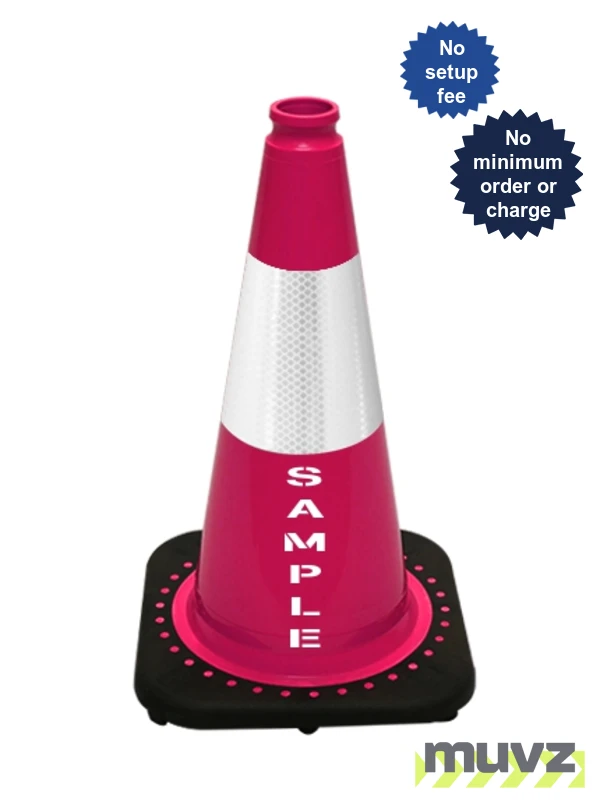 Pink 18\" Black Base Cone with 6\" Reflective Collar \u0026 Double Sided (2X) Custom Stencil