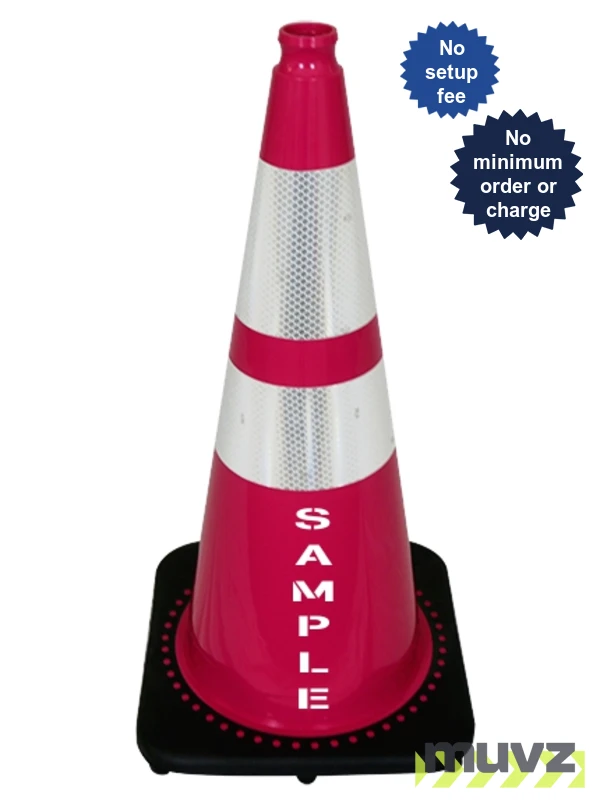 Pink 28\" 7.0 Lb. Black Base Cone, 6\" \u0026 4\" Reflective Collars and Double Sided (2X) Custom Stencil