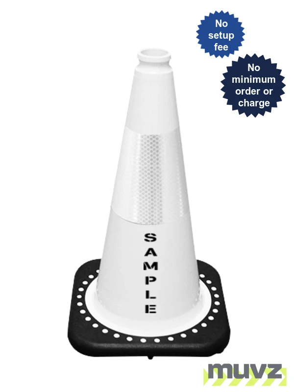 White 18\" Cone with Black Base, 6\" Reflective Collar and Custom Stencil
