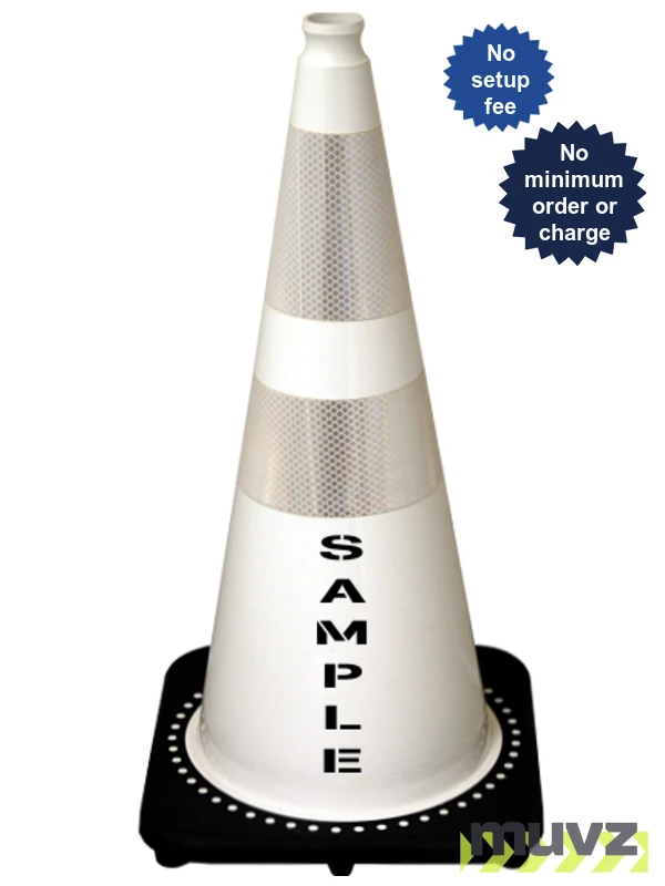 White 28\" 7.0 Lb. Black Base Cone, 6\" \u0026 4\" Reflective Collars and Double Sided (2X) Custom Stencil