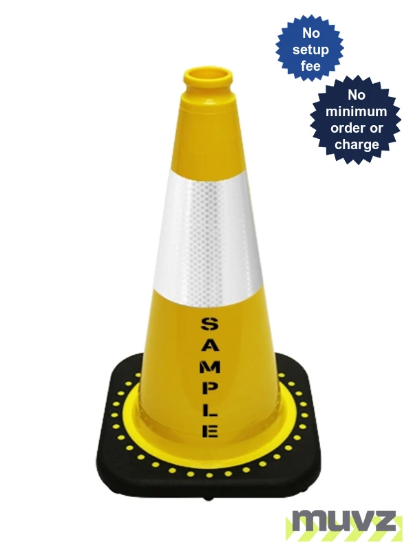 Yellow 18\" Cone with Black Base, 6\" Reflective Collar and Custom Stencil
