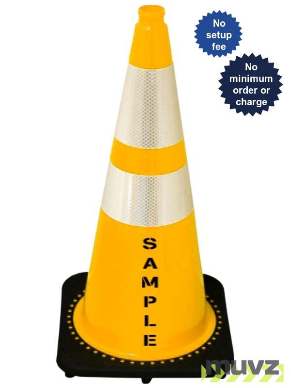 Yellow 28\" 7.0 Lb. Black Base Cone, 6\" \u0026 4\" Reflective Collar and Custom Stencil