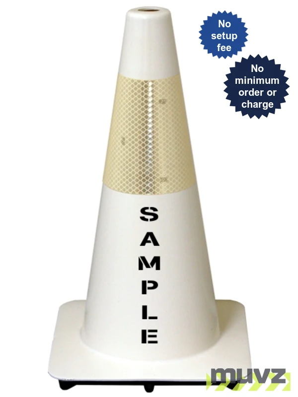 White 18\" Flow Molded Traffic Cone w/6\" Reflective Collar \u0026Double Sided (2X) Custom Stencil