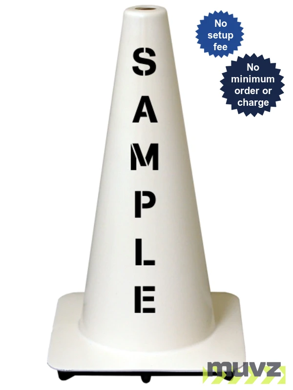 White 18\" Flow Molded Traffic Cone with Double Sided (2X) Custom Stencil