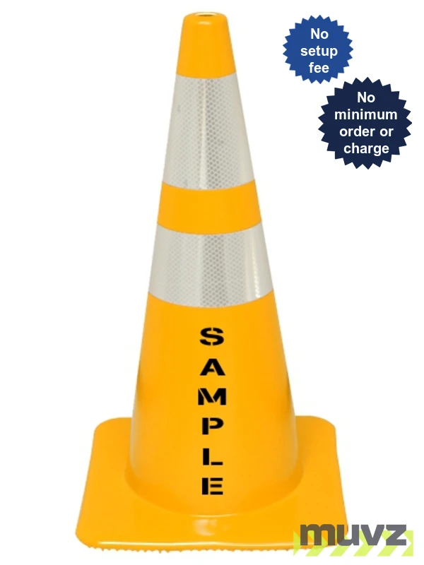 Yellow 28\" Flow Molded Traffic Cone w/6\" \u0026 4\" Reflective Collars \u0026Double Sided (2X) Custom Stencil