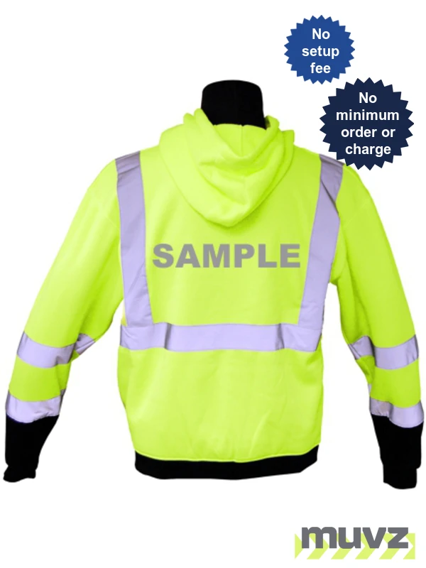 Class 3, Lime, Hooded Full Zipper Sweatshirt, 2XL w/Reflective Custom Lettering