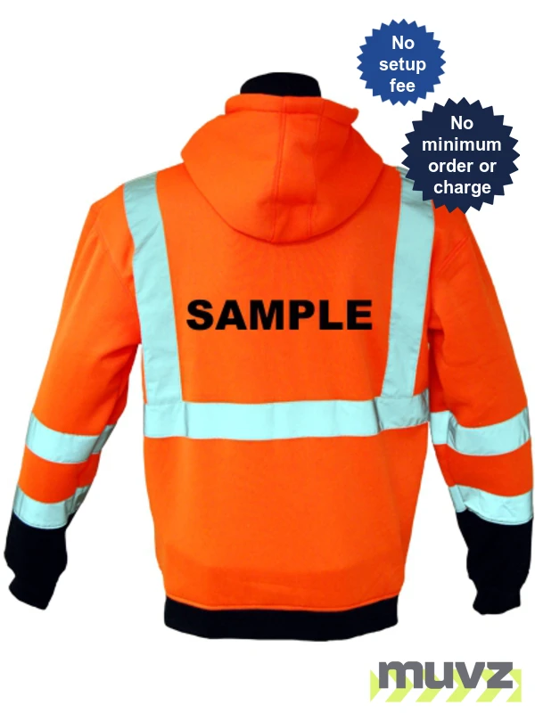Class 3, Orange, Hooded Full Zipper Sweatshirt, Large w/Non-Reflective Custom Lettering