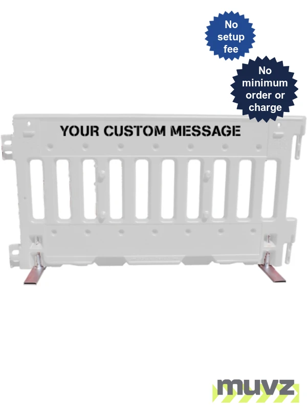 White, Pedestrian Wall Barricade w/ T-Legs (72\" L x 3\" W x 38\" H) w/ Custom Stenciling