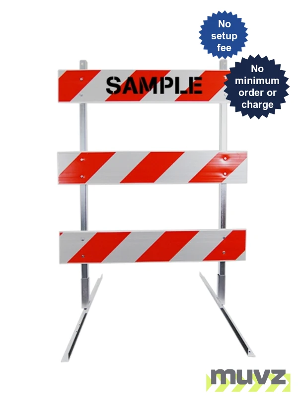 4\u0027 Standard Type 3 Barricade-63\" Tall Steel Frame, 4\u0027 Plastic Boards, HI Sheeting \u0026 Custom Lettering