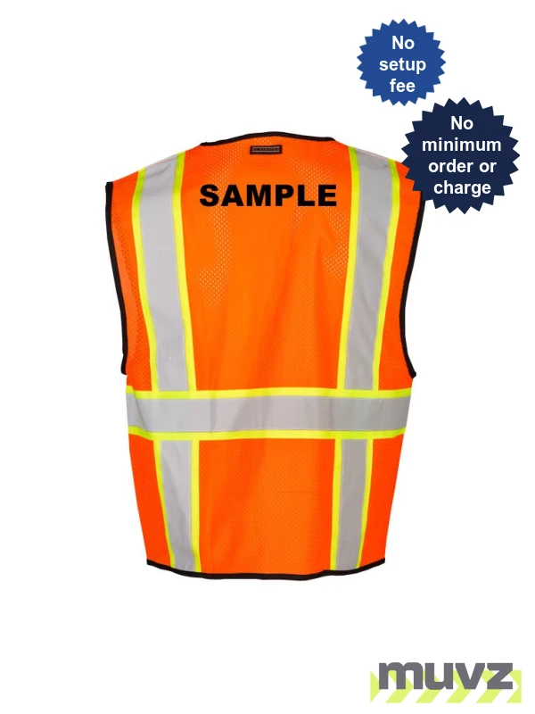 S-M, Orange, Four (4) Pocket, Contrasting Mesh Class 2 Vest w/ Black Custom Lettering