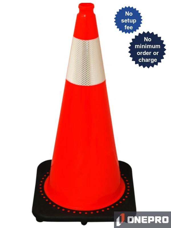 Orange 28\" 10.0 lb Black Base Cone, Single 6\" Reflective Collar \u0026 Double Sided (2X) Custom Stencil