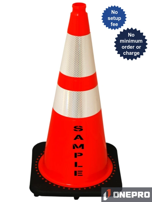 Orange 28\" 7.0 lb Black Base Cone, 6\" \u0026 4\" Reflective Collars and Double Sided (2X) Custom Stencil