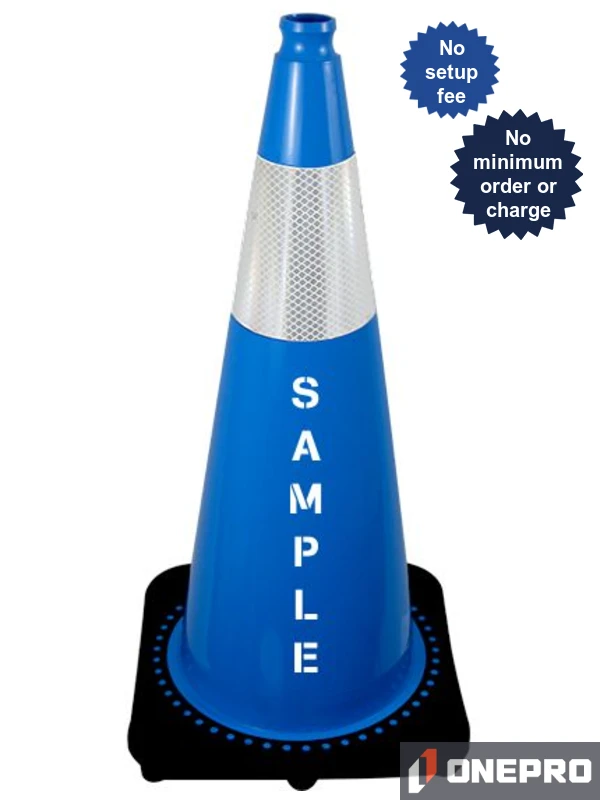 Light Blue 28\" 7.0 lb Black Base Cone, 6\" Reflective Collar \u0026 Double Sided (2X) Custom Stencil