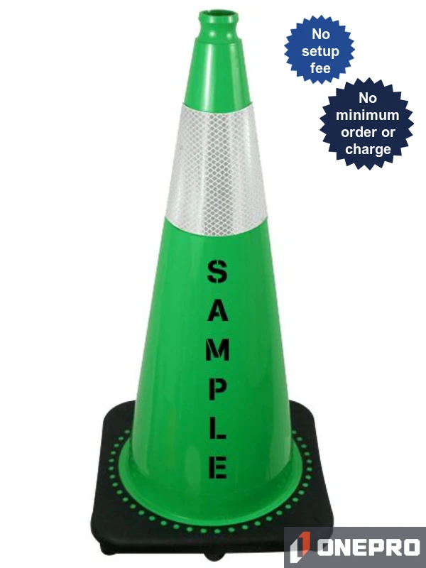 Green 28\" 7.0 lb Black Base Cone, Single 6\" Reflective Collar and Double Sided (2X) Custom Stencil