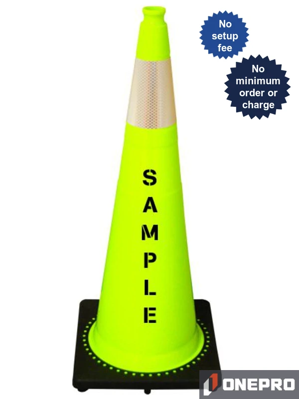 Lime, Black Base, 36\" Cone with Single 6\" Reflective Collar \u0026 Double Sided (2X) Custom Stencil