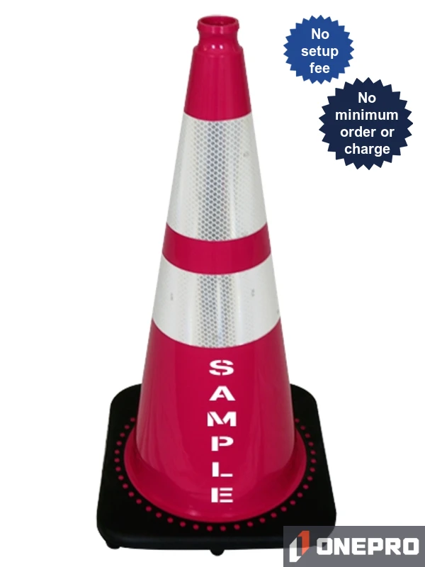 Pink 28\" 7.0 lb Black Base Cone, 6\" \u0026 4\" Reflective Collars and Custom Stencil