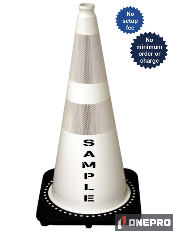 White 28\" 7.0 lb Black Base Cone, 6\" \u0026 4\" Reflective Collars and Custom Stencil