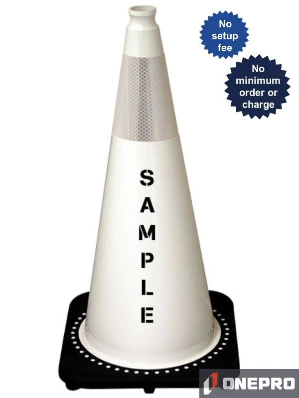 White 28\" 7.0 lb Black Base Cone, Single (1) 6\" Reflective Collar and Custom Stencil