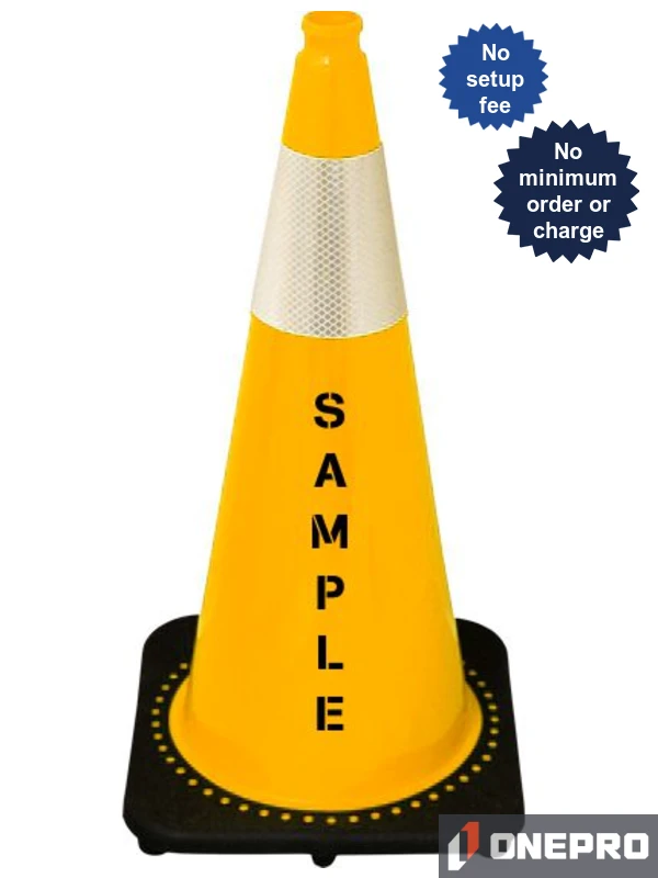 Yellow 28\" 7.0 lb Black Base Cone, Single 6\" Reflective Collar and Double Sided (2X) Custom Stencil