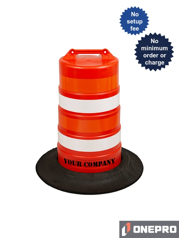 37\" Tall Channelizer Drum w/Four 4\" EG Reflective Stripes, Recycled Tire Wall Base \u0026 Custom Stencil