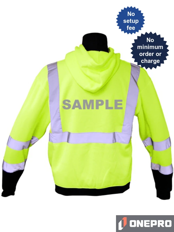 Class 3, Lime, Hooded Full Zipper Sweatshirt, Large w/Reflective Graphic