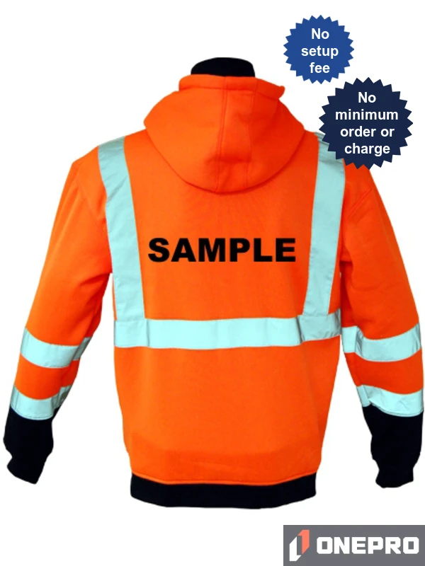 Class 3, Orange, Hooded Full Zipper Sweatshirt, Large w/Non-Reflective Graphic